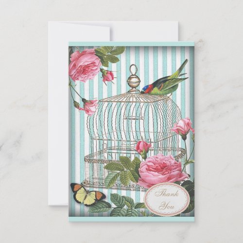 Vintage Bird Cage Butterfly  Roses Thank You Note Card