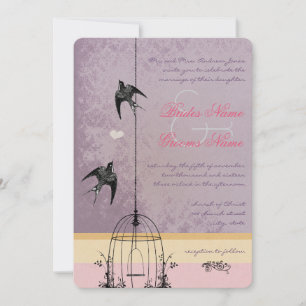 Vintage Bird Cage Eggplant  Wedding Invitations