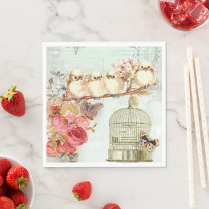 Vintage Bird Cage Flowers Birds on Branch Paper Napkins