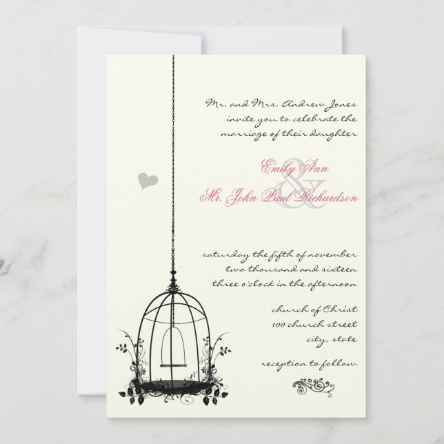 Vintage Bird Cage Red Accents Wedding Invitations (Front)
