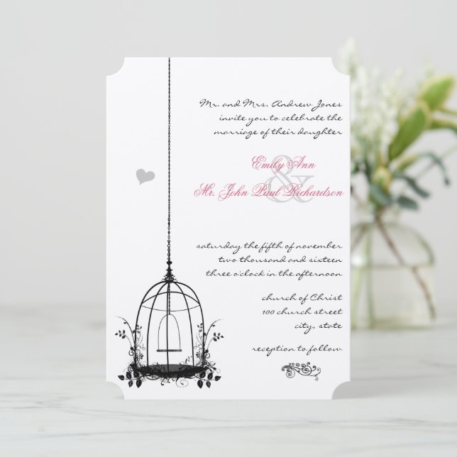 Vintage Bird Cage Red Accents Wedding Invitations (Standing Front)