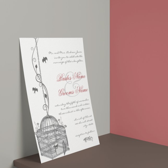 Vintage Bird Cage Red Accents Wedding Invitations (Creator Uploaded)
