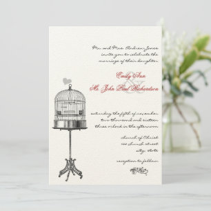 Vintage Bird Cage Red Accents Wedding Invitations