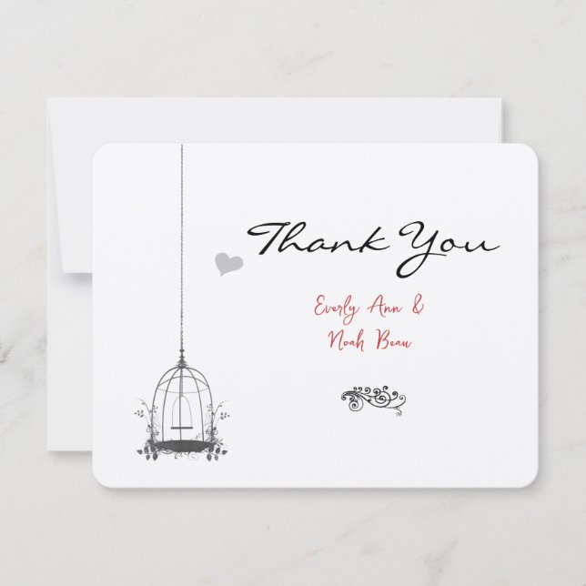 Vintage Bird Cage Red Accents Wedding Thank You (Front)