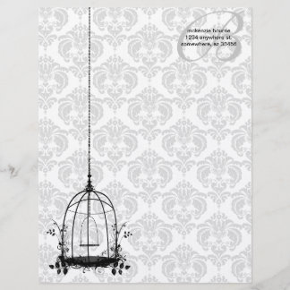 Vintage Bird Cage Red Damask Monogram Letterhead