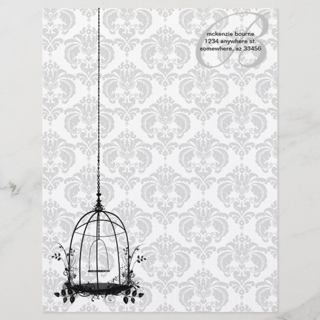 Vintage Bird Cage Red Damask Monogram Letterhead (Front)