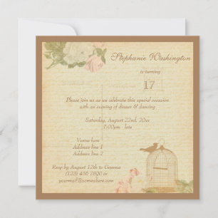 Vintage Bird Cage & Roses 17th Birthday Invitation