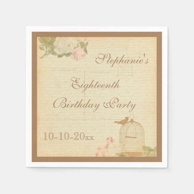 Vintage Bird Cage & Roses 18th Birthday Napkins (Front)