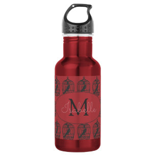 Vintage Bird Cages on Red Personalised Stainless Steel Water Bottle