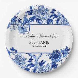 Vintage Bird Chinoiserie Navy Floral Baby Shower Paper Plates
