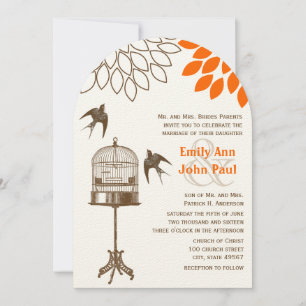 Vintage Bird Coral Starburst Flower Wedding Invite