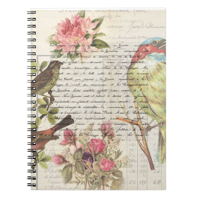 Vintage Bird Decoupage Botanical Grosgrain Ribbon Notebook (Front)