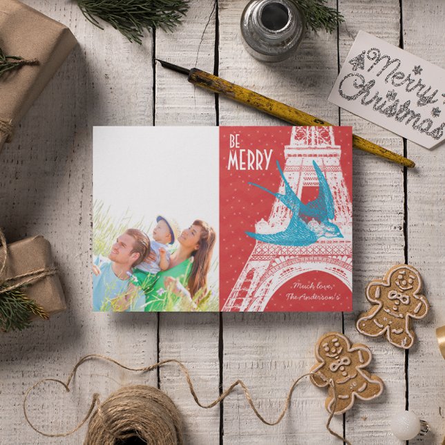 Vintage Bird Eiffel Tower Photo Christmas Card (Creator Uploaded)