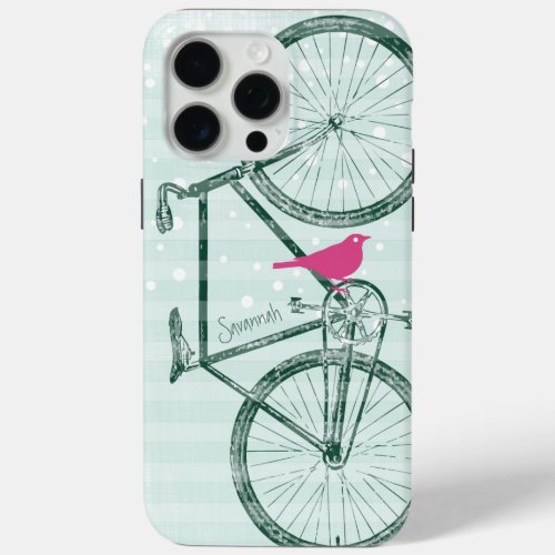 Vintage Bird Emerald Green Bike Pattern iPhone 15 Pro Max Case