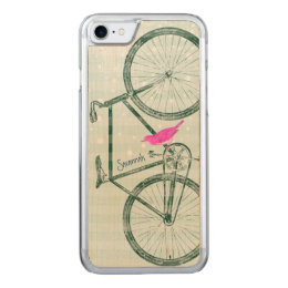 Vintage Bird Emerald Green Bike Pattern on Wood Carved iPhone 8/7 Case