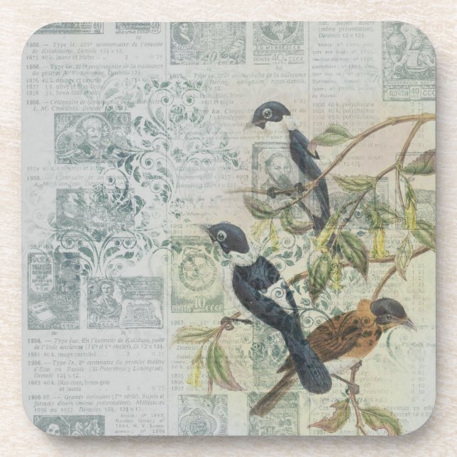 Vintage Bird Ephemera Decoupage Beverage Coaster (Front)