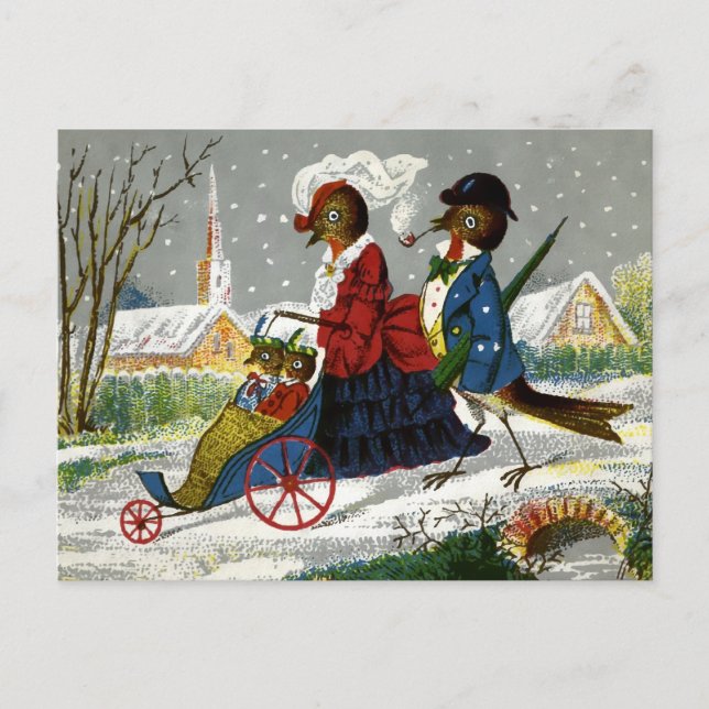 Vintage Bird Family Christmas Postcard (Front)