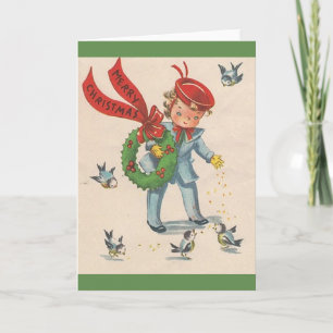 Vintage Bird Feeding Christmas Card