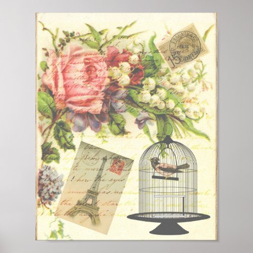 Vintage Bird Floral French Paris Eiffel Tower Poster