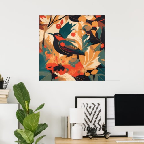 Vintage bird floral leaves 2 poster