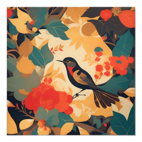 Vintage bird floral leaves photo print