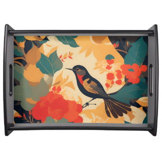 Vintage bird floral leaves serving tray