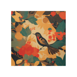 Vintage bird floral leaves wood wall art