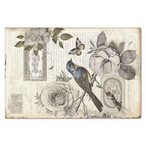 Vintage Bird Floral Text Decoupage Tissue Paper