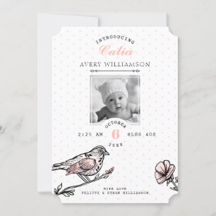 Vintage Bird Florals Black Pink Birth Announcement