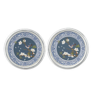 Vintage Bird-flower Blue Chinoiserie Art Cufflinks