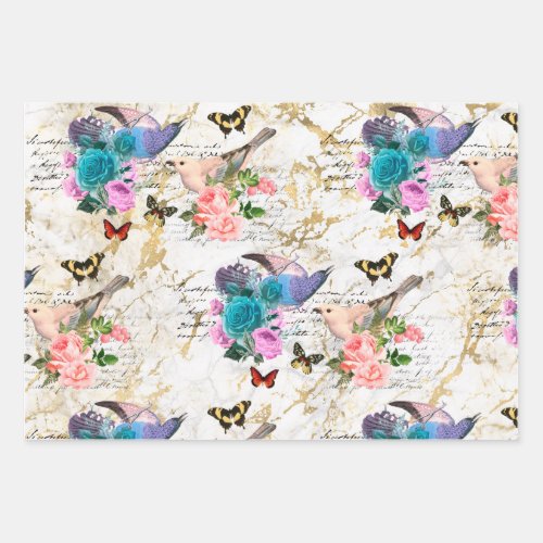 Vintage Bird Flower Butterfly Art WhiteGold Marble Wrapping Paper Sheets