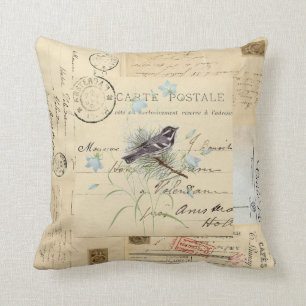 Vintage Bird Flowers French Postcard Pillow