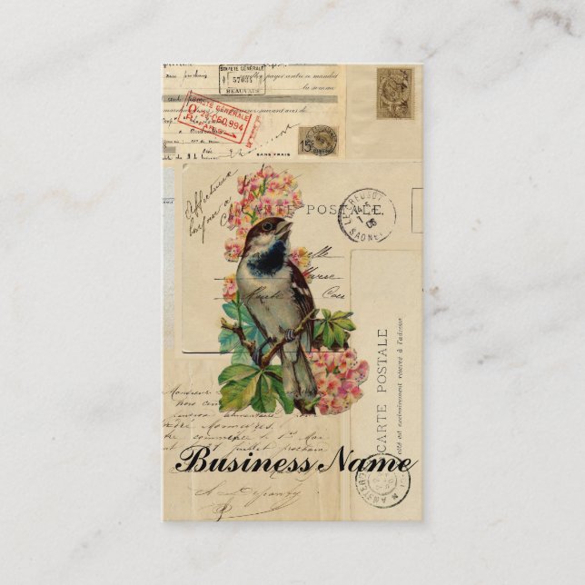 Vintage Bird Flowers French Postcards Case Business Card (Front)