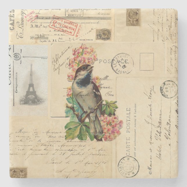 Vintage Bird Flowers French Postcards Coaster (Front)