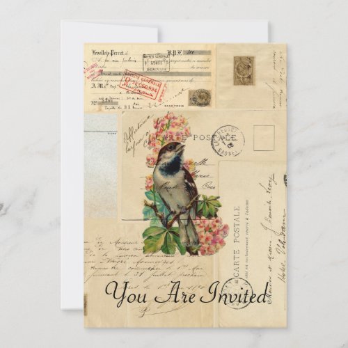 Vintage Bird Flowers French Postcards Invitation