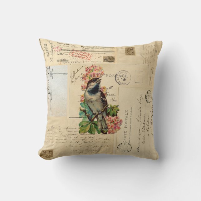 Vintage Bird Flowers French Postcards Pillow (Front)