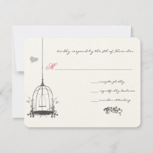 Vintage Bird Gray Birdcage Pink Accents Wedding RSVP Card