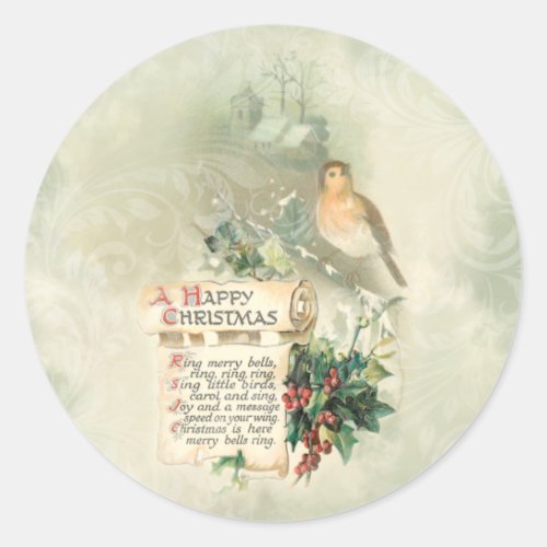 Vintage Bird Holly  Happy Christmas Scroll Classic Round Sticker