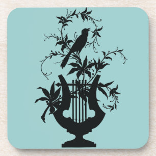 Vintage Bird & Lyre Silhouette Botanical Musical Beverage Coaster