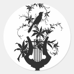 Vintage Bird & Lyre Silhouette Botanical Musical Classic Round Sticker