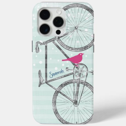 Vintage Bird Mint Green Bike Pattern iPhone 15 Pro Max Case