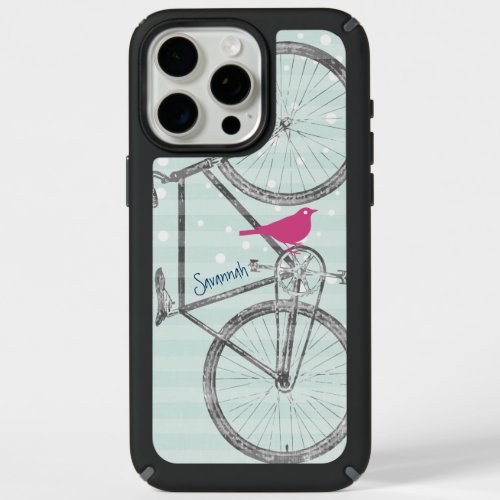 Vintage Bird Mint Green Bike Pattern iPhone 15 Pro Max Case