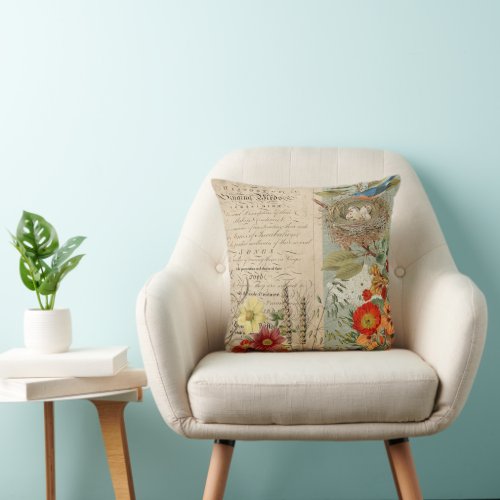 Vintage Bird Nest Fall Foliage Floral Blue Orange Throw Pillow