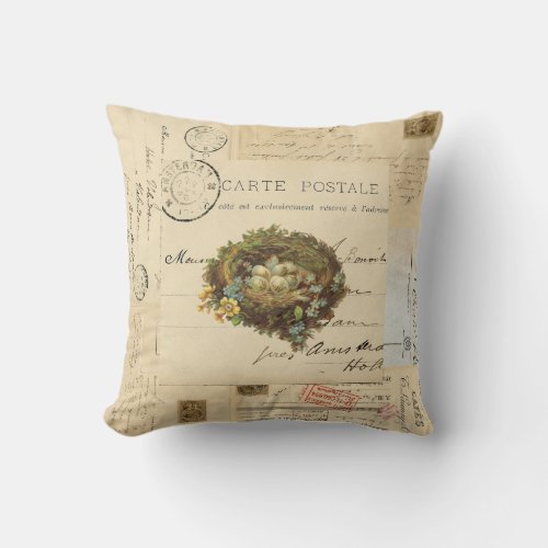 Vintage Bird Nest French Postcards Pillow