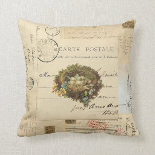 Vintage Bird Nest French Postcards Pillow