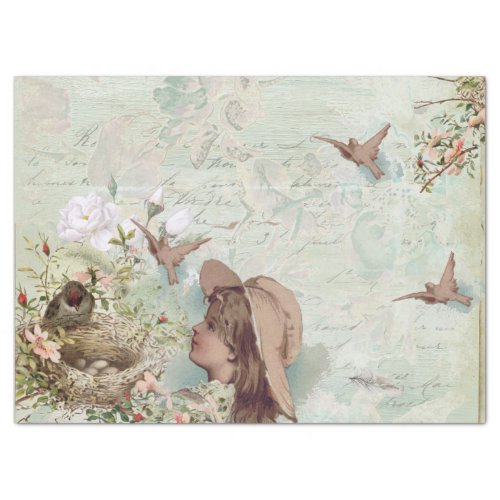 Vintage Bird Nest Girl French Script Decoupage  Tissue Paper