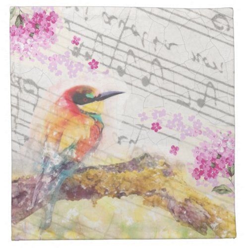 Vintage bird on tree pink flowers decoupage cloth napkin