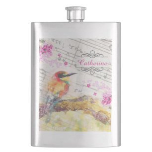 Vintage bird on tree pink flowers decoupage flask