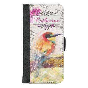 Vintage bird on tree pink flowers decoupage iPhone 8/7 plus wallet case
