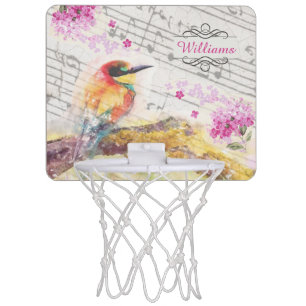 Vintage bird on tree pink flowers decoupage mini basketball hoop